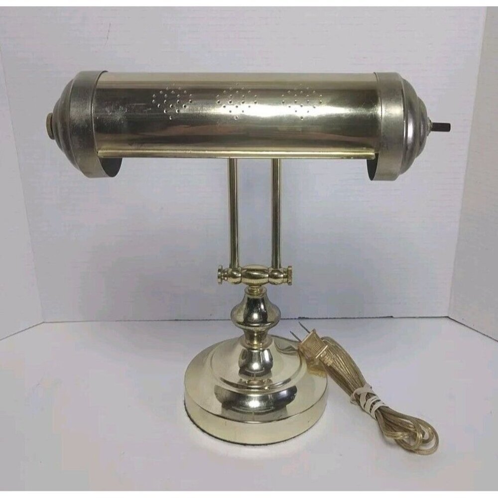 VINTAGE Brass Bankers Desk Table Lamp Adjustable Arm Double Hinge L Interpur